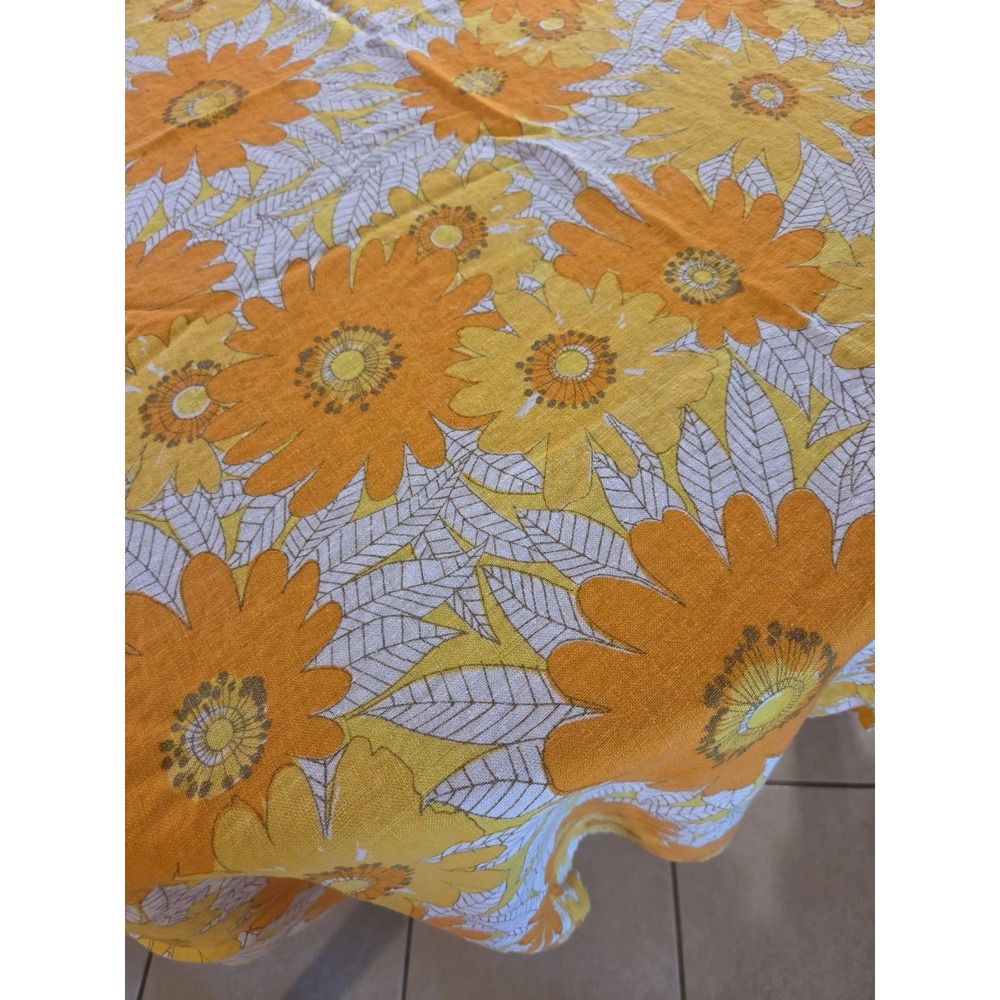 Vintage Tablecloth 48x64 Linen Bright Orange Yello Floral 70s Boho Retro